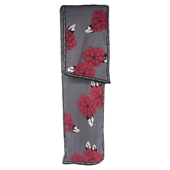 DKNY Silky Rectangle Scarf Gray Red Floral Wrap - Picture 1 of 5